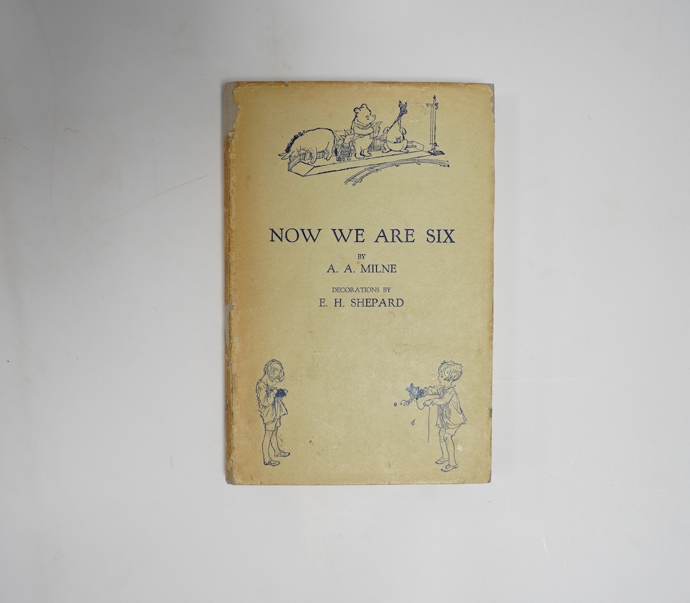 Milne, A.A. - Now We Are Six. With decorations by Ernest H. Shepard. First Edition. pictorial title and num. text illus and on e/ps.; original gilt ruled and pictorial red cloth, gilt top, in the pictorial d/wrapper, sm.